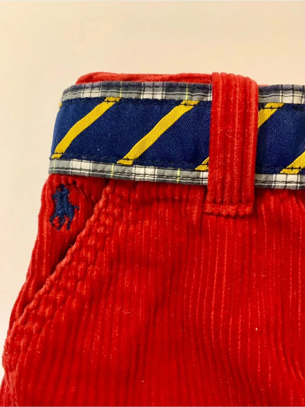 Ralph Lauren Red Corduroy Ruffle Skirt with Navy & Yellow Striped Belt